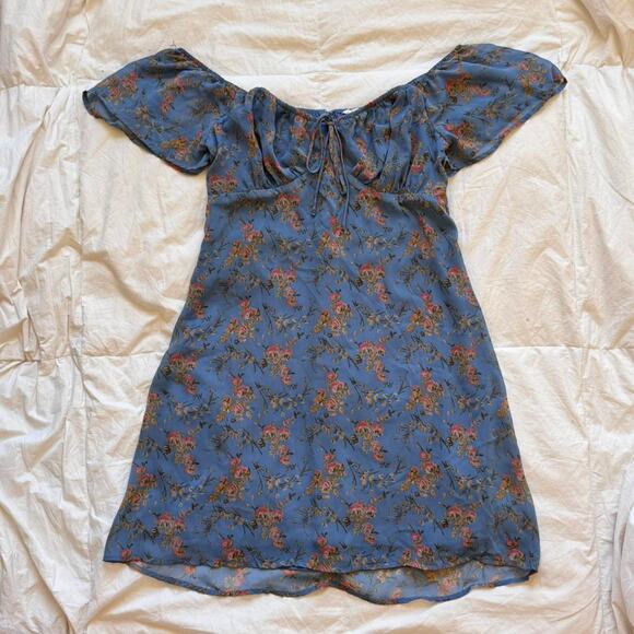 Lush Blue ditsy floral babydoll dress sz M milkmaid chiffon cottage romantic - Picture 5 of 8